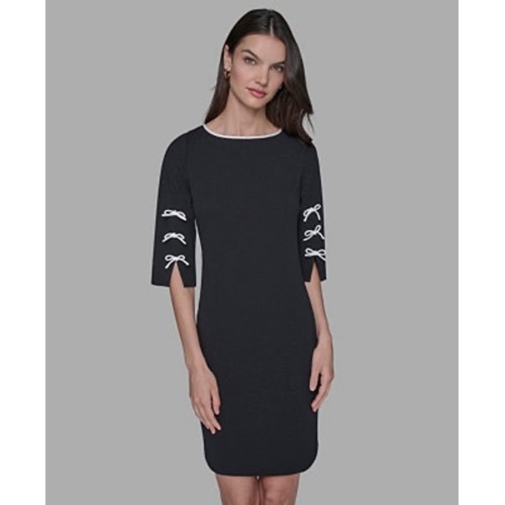 Karl Lagerfeld Paris Black White Bow Sleeve Sheath Dress Boat Neck Scuba Knit